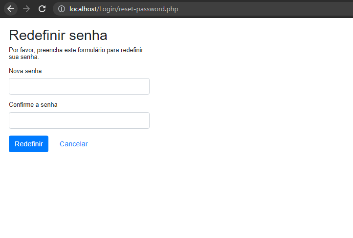 Tela de redefinição de senha